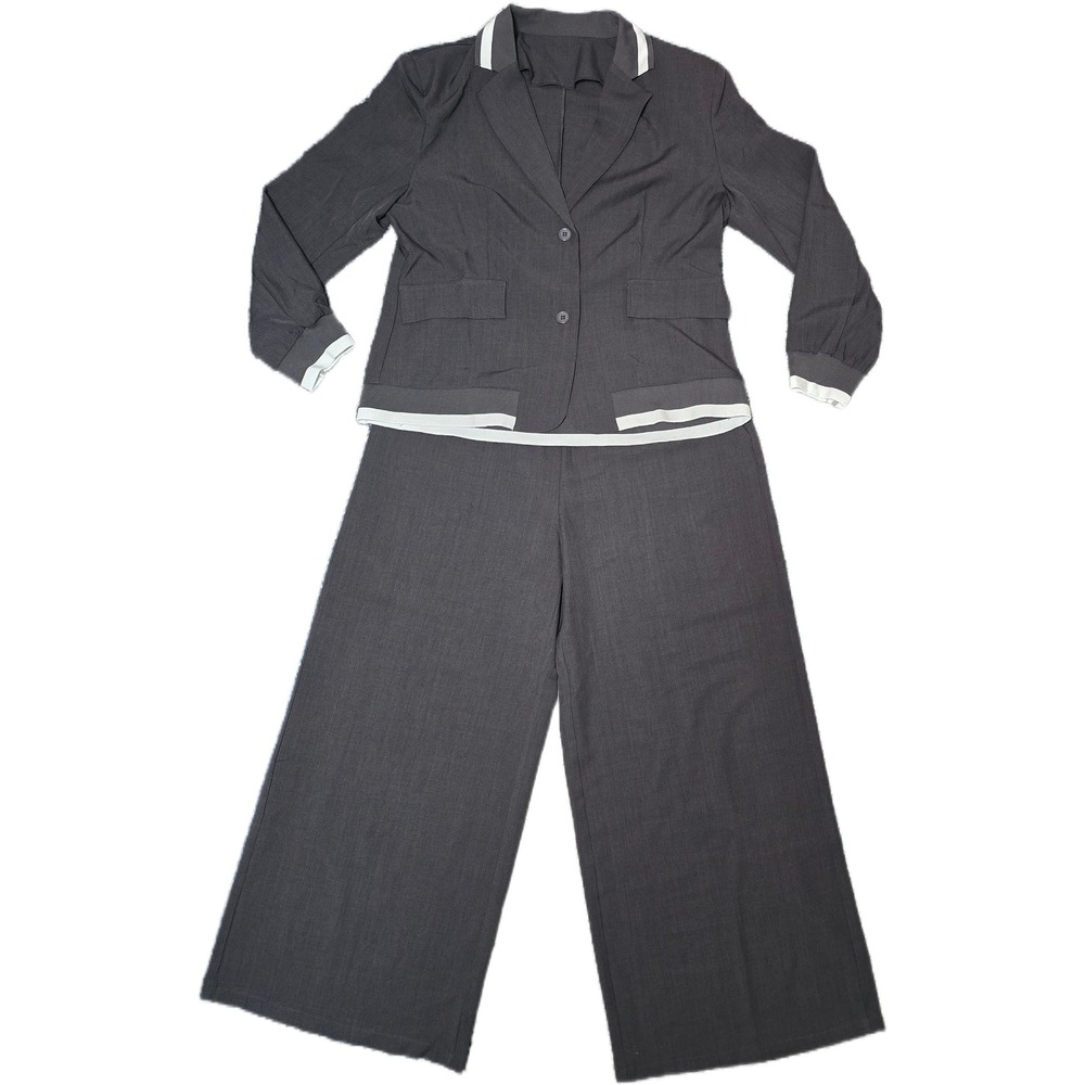 Shein Pant Suit Women XL Charcoal Grey Good Wide‎ Leg Blazer Set Contrast